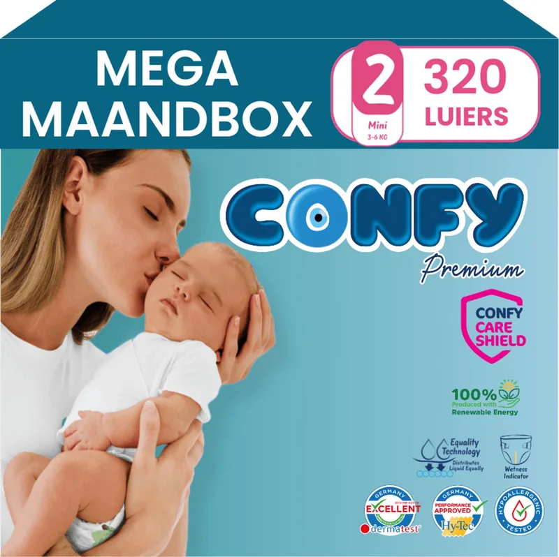 Premium - Luiers Maat 2 (3-6kg) - 320 Luiers - Mega MaandBox by Confy – product photo