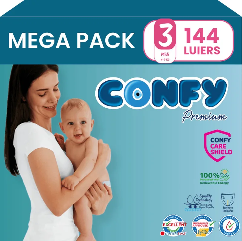 Premium - Luiers Maat 3 (4-9kg) - 144 Luiers - Mega Pack de Confy – photo produit
