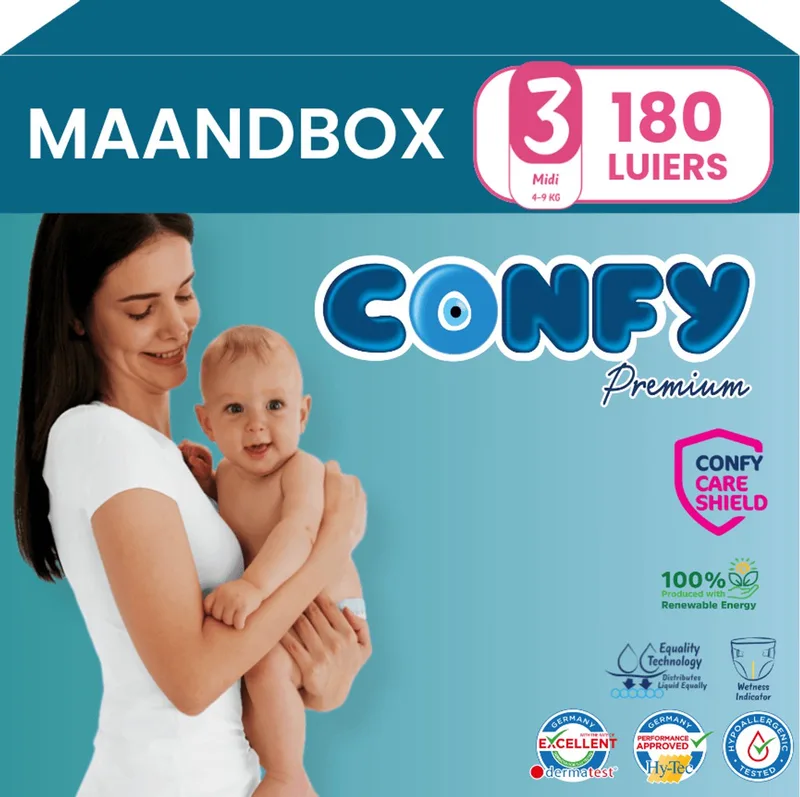 Premium - Luiers Maat 3 (4-9kg) - 180 Luiers - Maandbox de Confy – photo produit