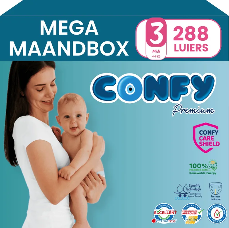 Premium - Luiers Maat 3 (4-9kg) - 288 Luiers - Mega MaandBox de Confy – photo produit