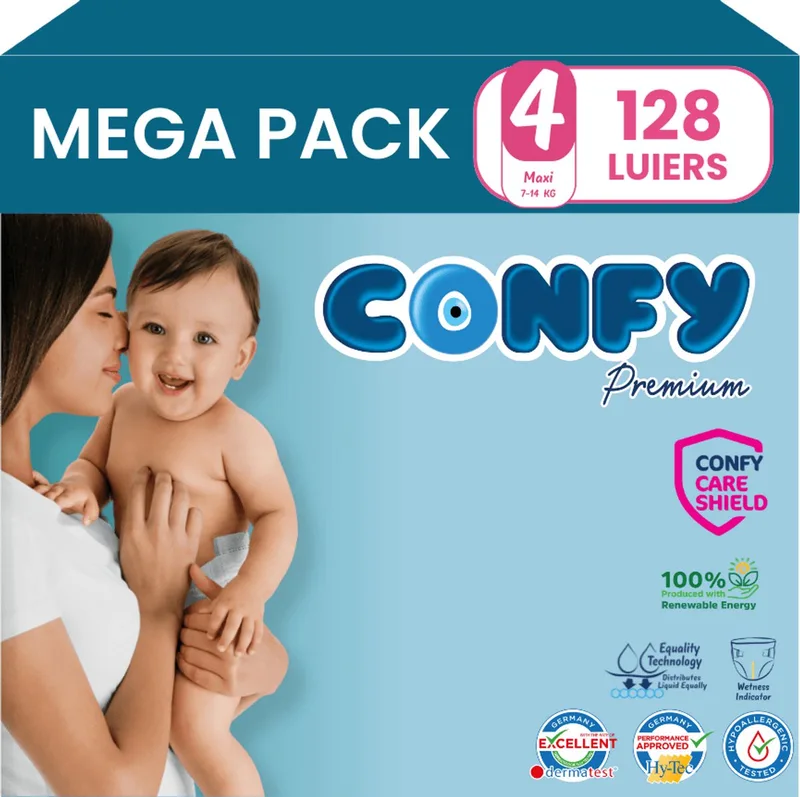 Premium - Luiers Maat 4 (7-14kg) - 128 Luiers - Mega Pack van Confy – productfoto
