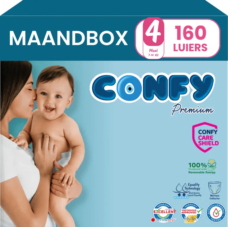 Premium - Luiers Maat 4 (7-14kg) - 160 Luiers - Maandbox de Confy – photo produit