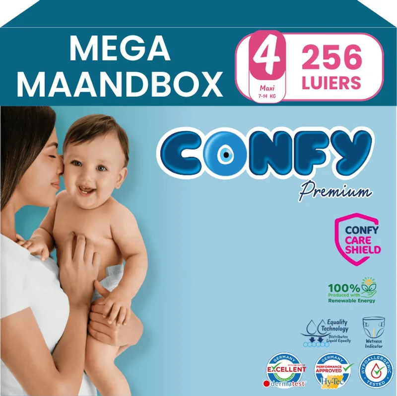 Premium - Luiers Maat 4 (7-14kg) - 256 Luiers - Mega MaandBox by Confy – product photo