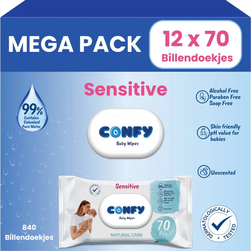 Sensitive Billendoekjes - 12 x 70 Stuks - 840 Doekjes - Babydoekjes - Mega Pack by Confy – product photo