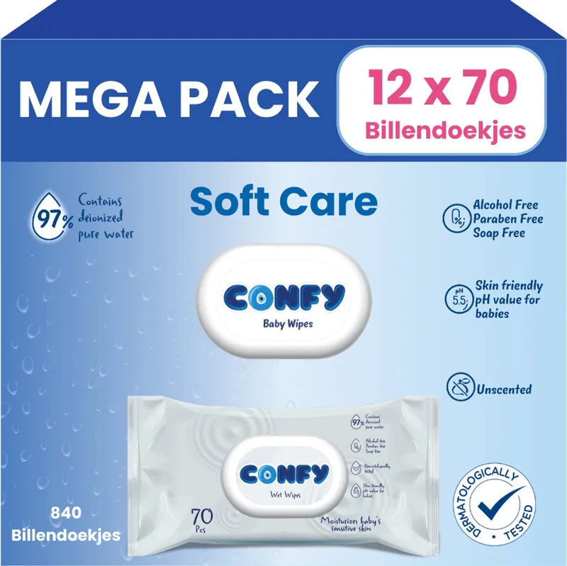 Soft Care Billendoekjes - 12 x 70 Stuks - 840 Doekjes - Babydoekjes - Mega Pack by Confy – product photo