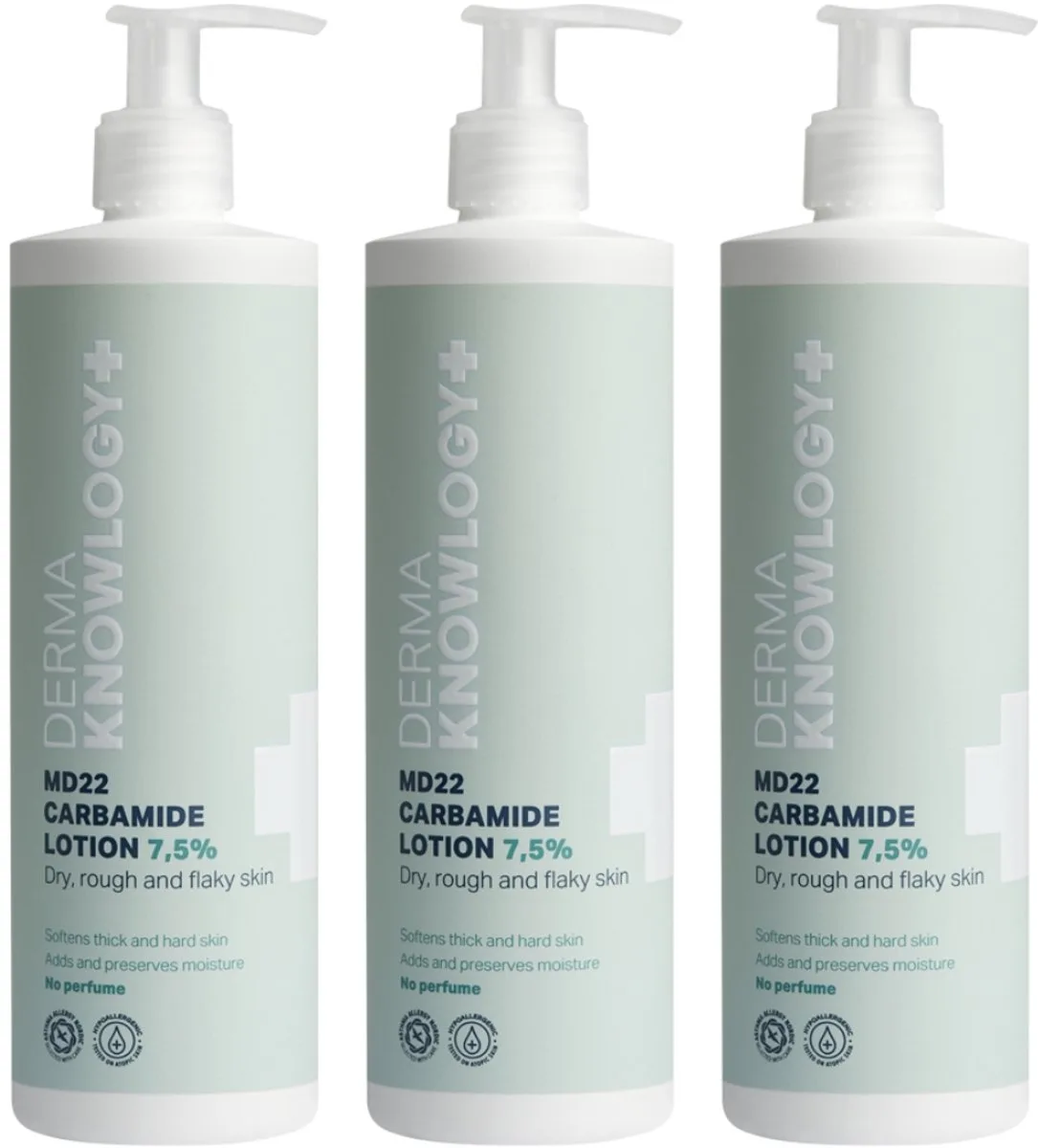 DermaKnowlogy+ - MD22 Carbamide Lotion 7,5% 3 x 400 ml - voor Droge Ruwe en Schilferige Huid - met Ureum Shea Butter en Niacinamide - Parfumvrij van Derma – productfoto
