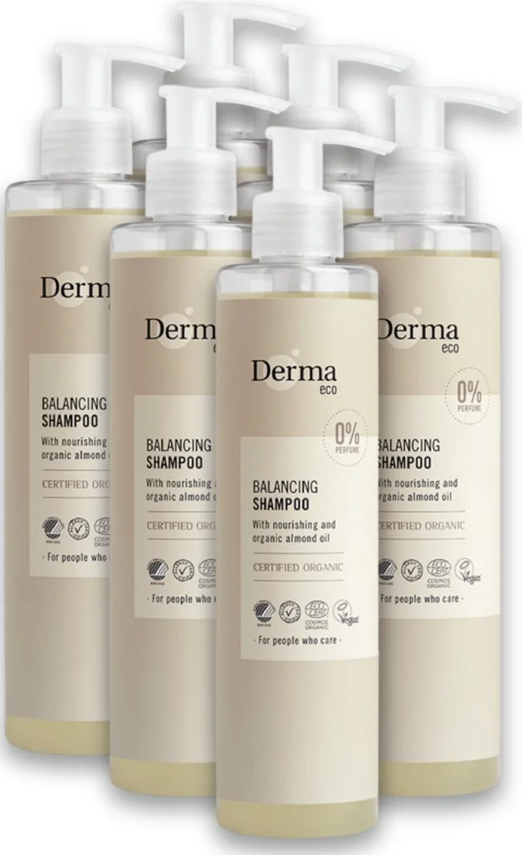 Eco Shampoo - Parfumvrij - Met Amandelolie - Voor Gevoelige Hoofdhuid -Hypoallergeen - 6 x 250 ml von Derma – Produktfoto