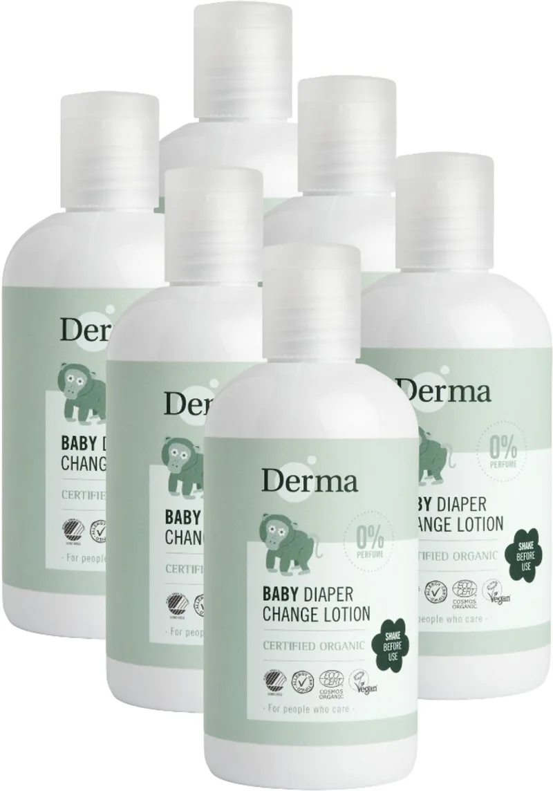 Luierwissel Lotion - 3-in-1 - 6 x 250 ml - Parfumvrij - voor Gevoelige Babybilletjes - Hypoallergeen van Derma – productfoto