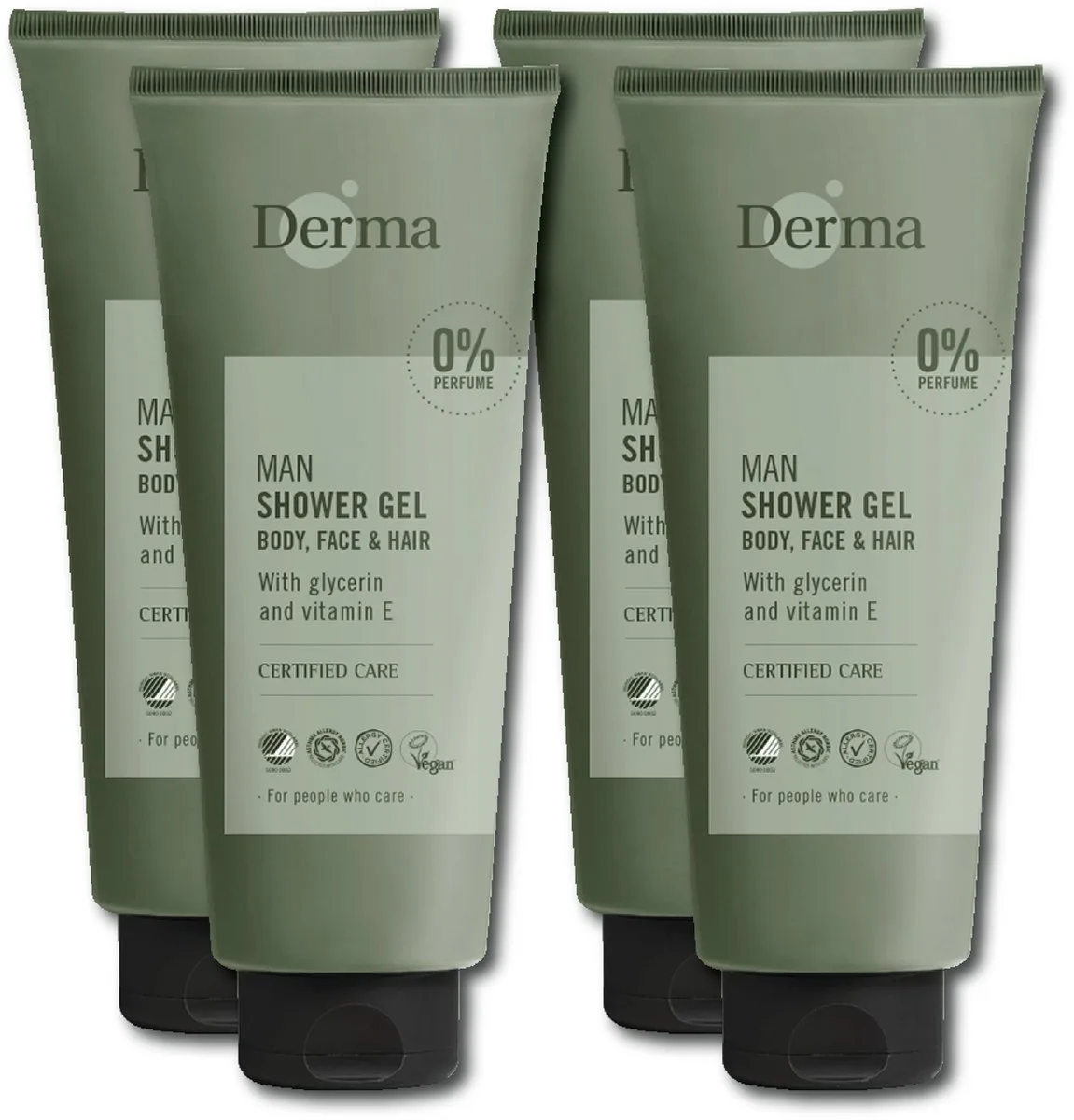 Man Douchegel 3-in-1 - Voor Lichaam Gezicht en Haar - Voor Gevoelige Huid - Met Vitamine E en Glycerine- Parfumvrij - 4 x 350 ml de Derma – photo produit