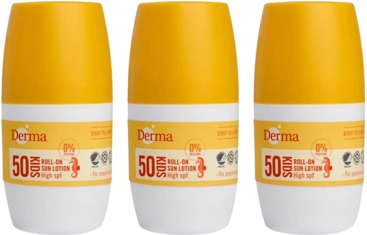 Sun Kids - Zonnebrand Roll-on SPF50 - 3 x 50 ml - Hoge UVA en UVB Bescherming - Waterbestendig - Parfumvrij - Met Aloe Vera en Vitamine E - AllergyCertified van Derma – productfoto