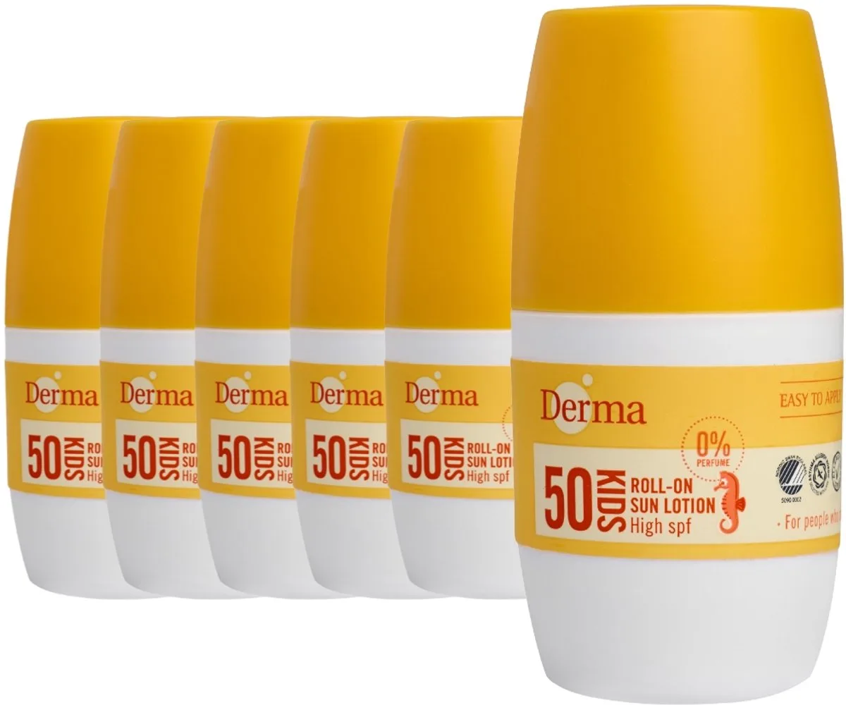 Sun Kids - Zonnebrand Roll-on SPF50 - 6 x 50 ml - Hoge UVA en UVB Bescherming - Waterbestendig - Parfumvrij - Met Aloe Vera en Vitamine E - AllergyCertified van Derma – productfoto