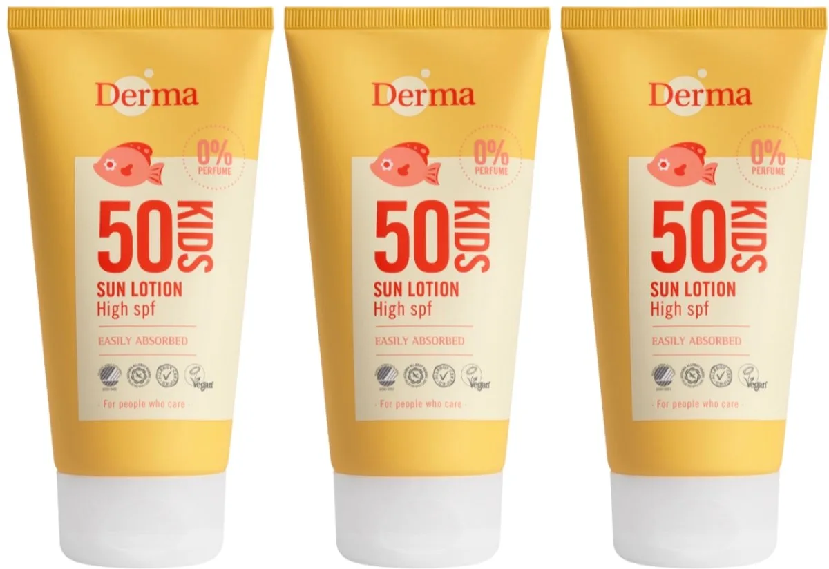 Sun - Kids Zonnebrand SPF50+ - 3 x 150 ml - Extra Hoge Zonbescherming voor Kinderen - UVA en UVB Bescherming - Waterbestendig - Parfumvrij - AllergyCertified van Derma – productfoto