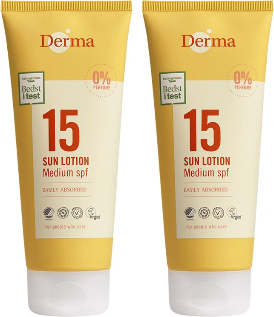 Sun - Zonnebrand SPF15 2 x 200 ml - Waterbestendige Zonnebrand - UVA en UVB Bescherming - Parfumvrij - met Glycerine en Vitamine E - Trekt Snel In de Derma – photo produit