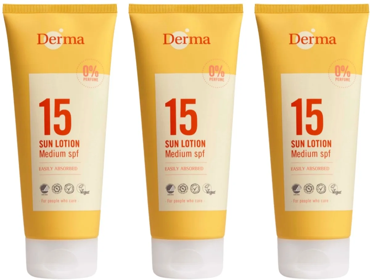 Sun - Zonnebrand SPF15 3 x 200 ml - Waterbestendige Zonnebrand - UVA en UVB Bescherming - Parfumvrij - met Glycerine en Vitamine E - Trekt Snel In de Derma – photo produit