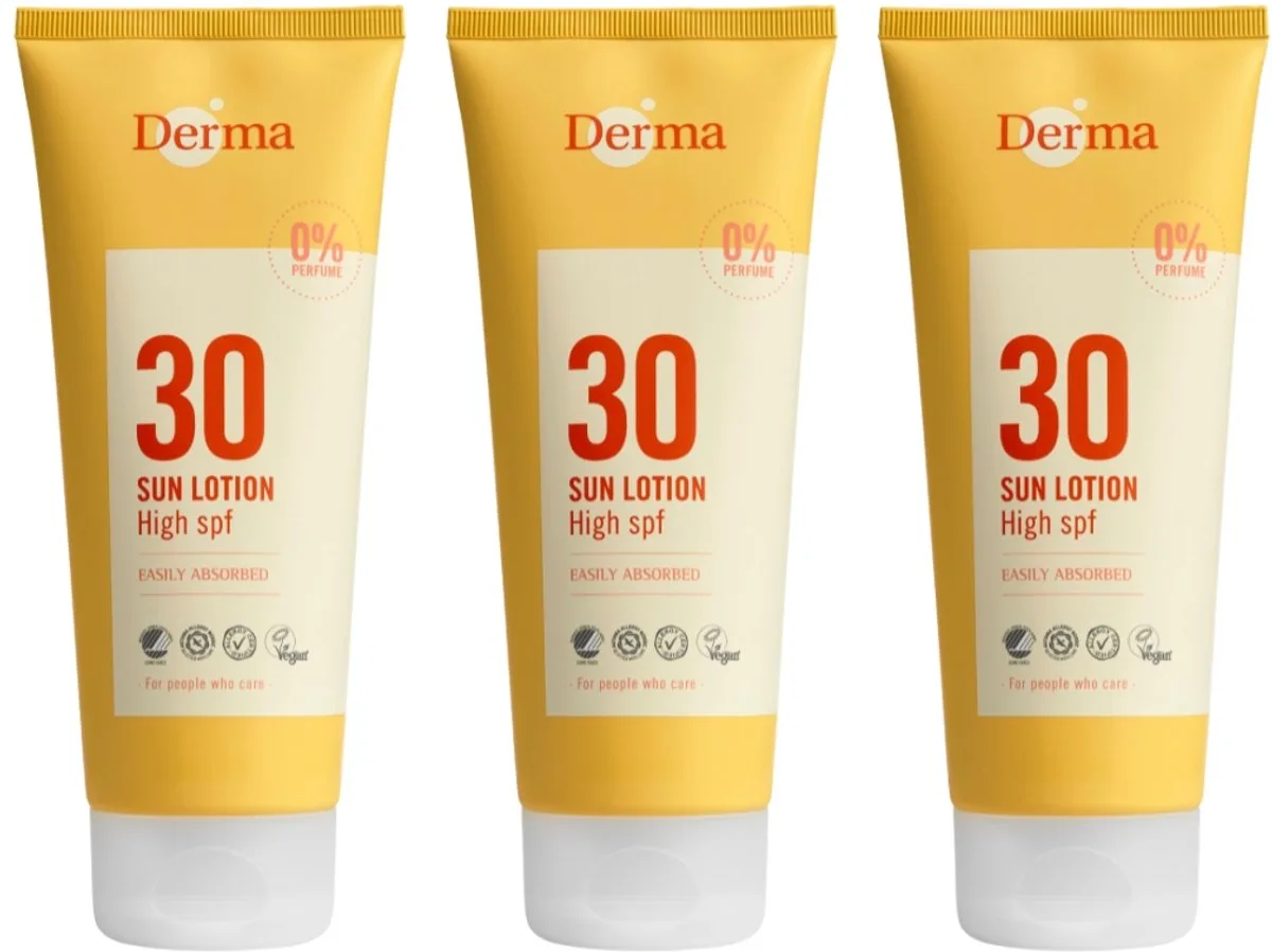 Sun - Zonnebrand SPF30 3 x 200 ml - Waterbestendig - UVA en UVB Bescherming - Parfumvrij - AllergyCertified - met Aloe Vera, Glycerine en Vitamine E de Derma – photo produit