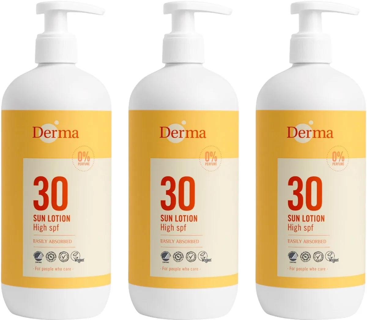 Sun - Zonnebrand SPF30 - 3 x 500 ml - Waterbestendig - UVA en UVB Bescherming - Parfumvrij - AllergyCertified - Met Glycerine en Vitamine E de Derma – photo produit