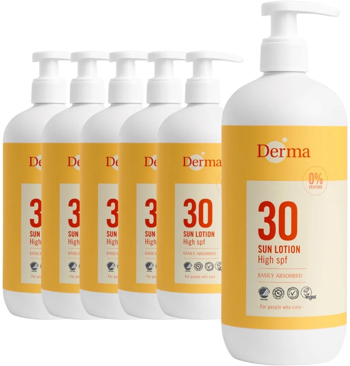 Sun - Zonnebrand SPF30 - 6 x 500 ml - Waterbestendig - UVA en UVB Bescherming - Parfumvrij - AllergyCertified - Met Glycerine en Vitamine E by Derma – product photo