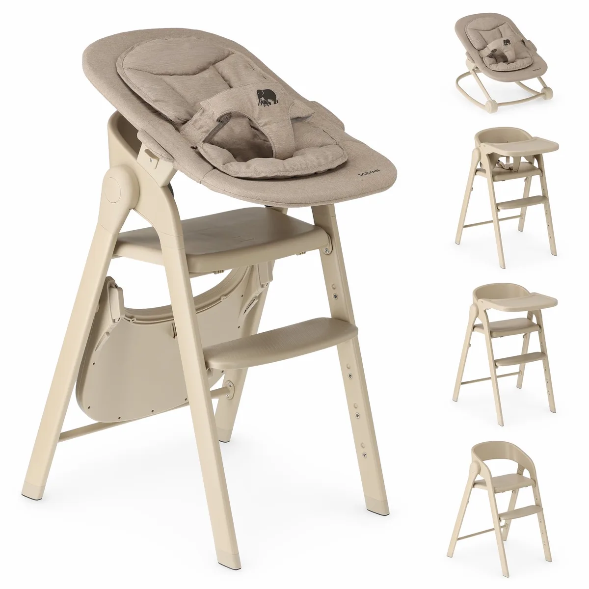 Kinderstoel met Bouncer - Inklapbare Eetstoel - Sand + Bouncer Cashmere fra Deryan i Sand + Bouncer (Cashmere) – produktbillede