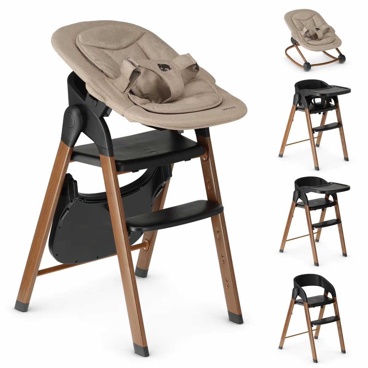 Kinderstoel met Bouncer - Inklapbare Eetstoel - Zwart/Hout + Nougat Bouncer fra Deryan i Sort, Hout + Bouncer (Nougat) – produktbillede