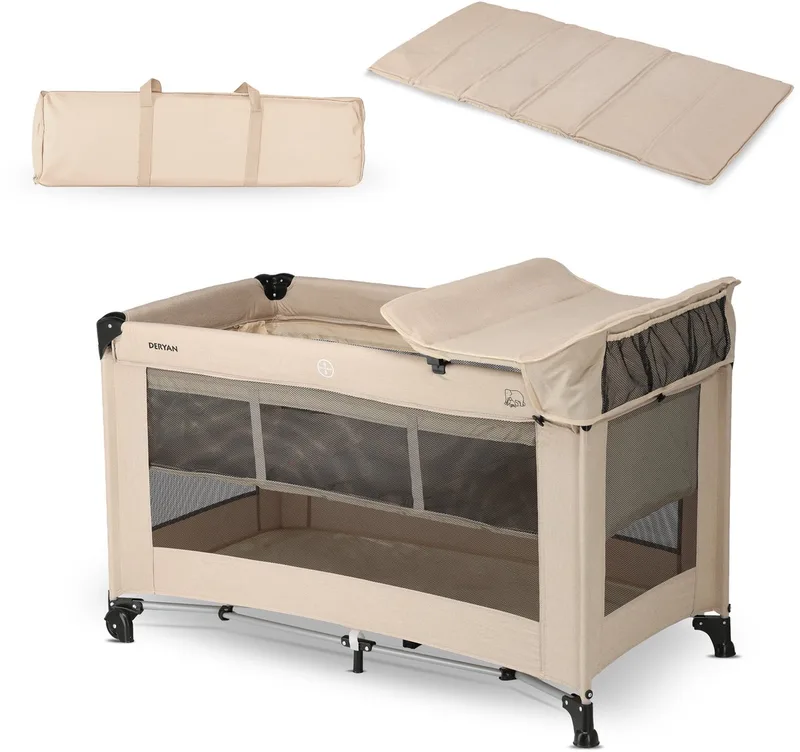 Luxe Campingbed - Met verschoonblad en bodemverhoger - Nougat van Deryan in Nougat + Verhoger, Matras – productfoto