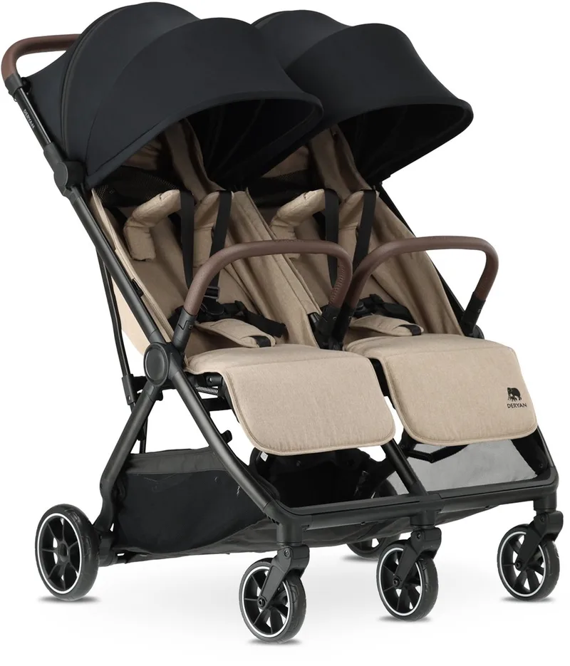 Luxe Rolo X2 V2 Duo Buggy - Compacte Dubbele Buggy - Nougat van Deryan in V2 Nougat – productfoto