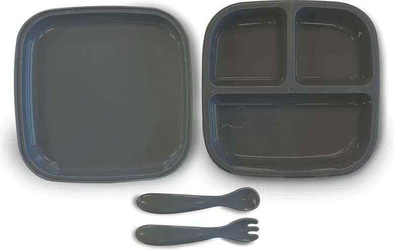 Quuby Plate Set Siliconen bord met lepeltjes - Babybord - kinderservies set de Deryan en Gris – photo produit