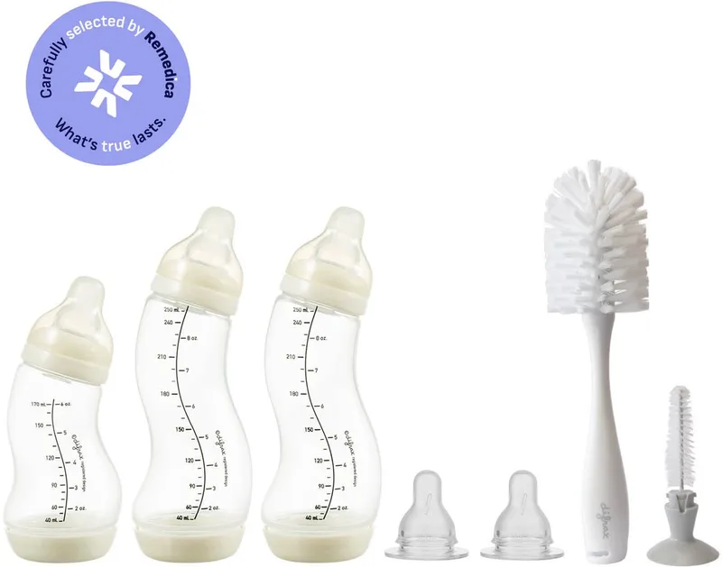 Babypakket - Newborn - Flessenborstel, Babyfles, Flessenspeen - Babyshower de Difrax en Wit – photo produit