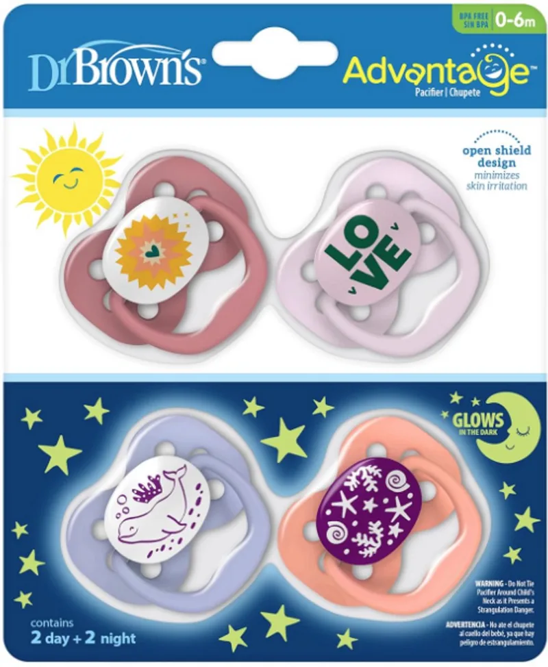 Advantage Glow-in-the-Dark Fopspenen 0-6 Maanden – 4 Stuks – 100% Siliconen Speen – BPA-vrij – Lavender Love & Coral Ocean by Dr. Brown's in Pink – product photo