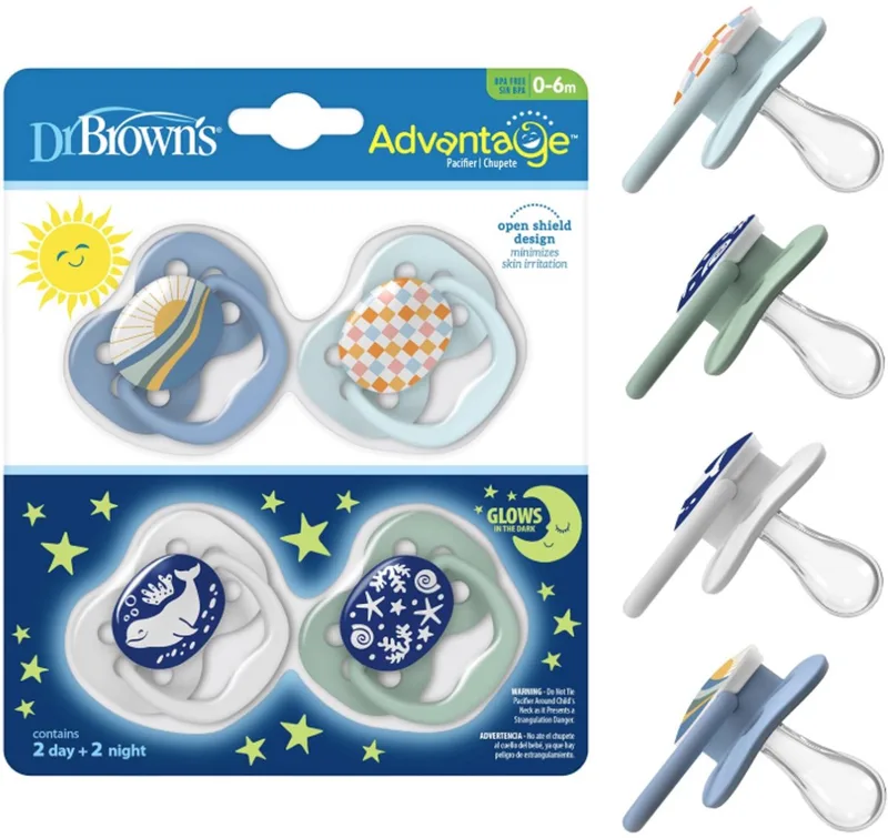 Advantage glow in the dark fopspenen 0-6 maanden, 4 stuks, 100% siliconen, Blue Sunrise / Blue Ocean van Dr. Brown's in Blue Ocean – productfoto
