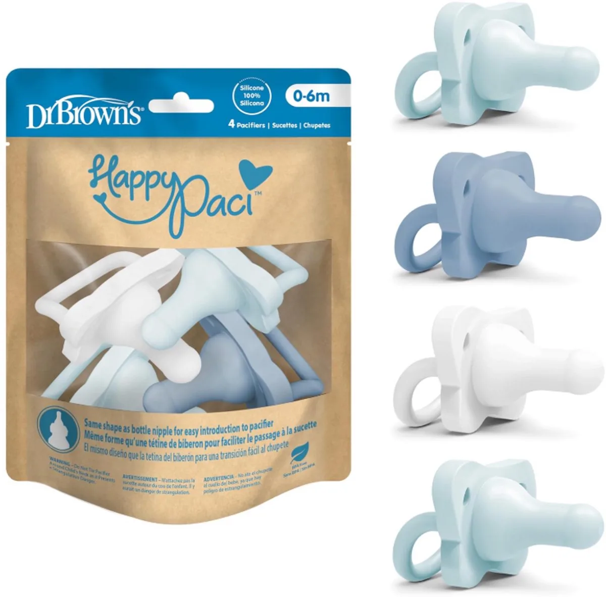 HappyPaci Fopspeen 0-6 Maanden – 100% Siliconen, BPA-vrij, Orthodontisch, Blauw/Lichtblauw/Wit, 4 Stuks van Dr. Brown's in Blauw – productfoto