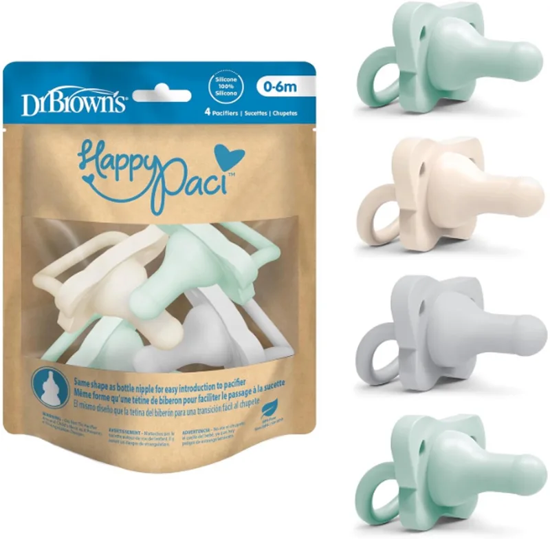 HappyPaci Fopspeen 0-6 Maanden (4 Stuks) – Ergonomisch Eendelig Ontwerp – 100% Siliconen – BPA-vrij van Dr. Brown's in Groene, Grijs – productfoto