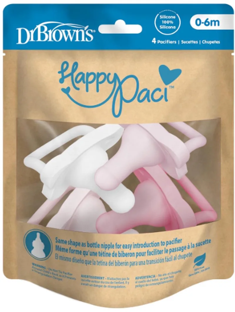 HappyPaci Fopspeen 0-6 Maanden (4 Stuks) – Ergonomisch Eendelig Ontwerp – 100% Siliconen – BPA-vrij – Roze/Wit van Dr. Brown's in Wit – productfoto