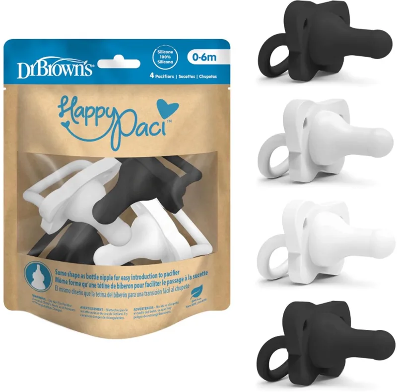 HappyPaci Siliconen Fopspeen 0-6 Maanden – 4 Stuks – Zwart & Wit – Baby Fopspeen by Dr. Brown's in Grey – product photo