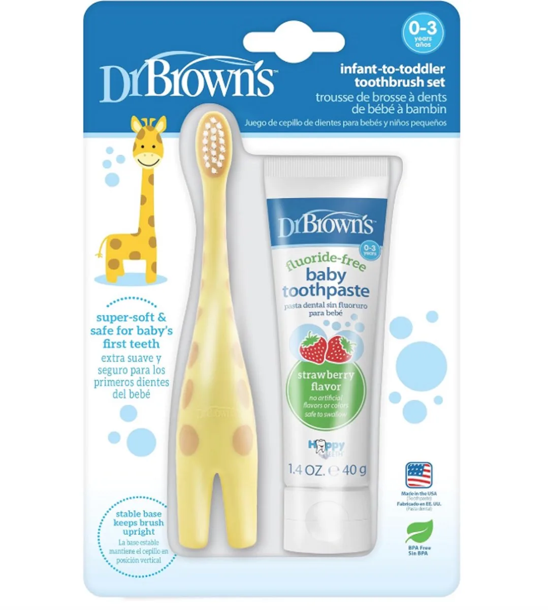 Infant-to-Toddler Tandenborstel & Tandpasta Set Giraffe – 0-3 Jaar – Extra Zachte Baby Tandenborstel – Fluoridevrije Tandpasta – BPA-vrij by Dr. Brown's – product photo