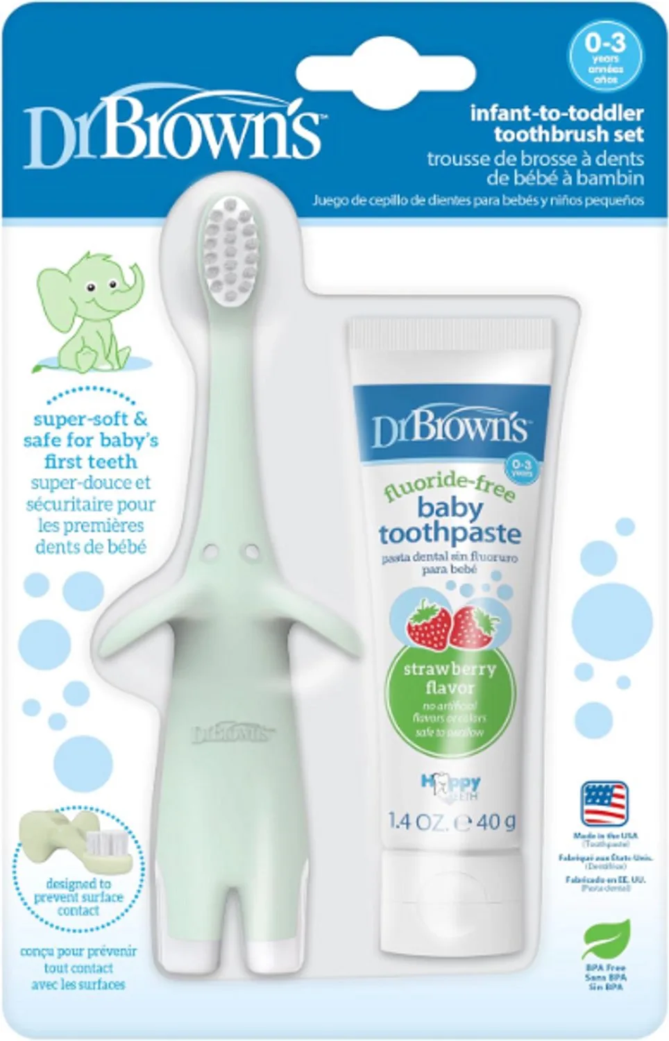 Infant-to-Toddler Tandenborstel & Tandpasta Set Olifant – 0-3 Jaar – Extra Zachte Baby Tandenborstel – Fluoridevrije Tandpasta – BPA-vrij van Dr. Brown's – productfoto
