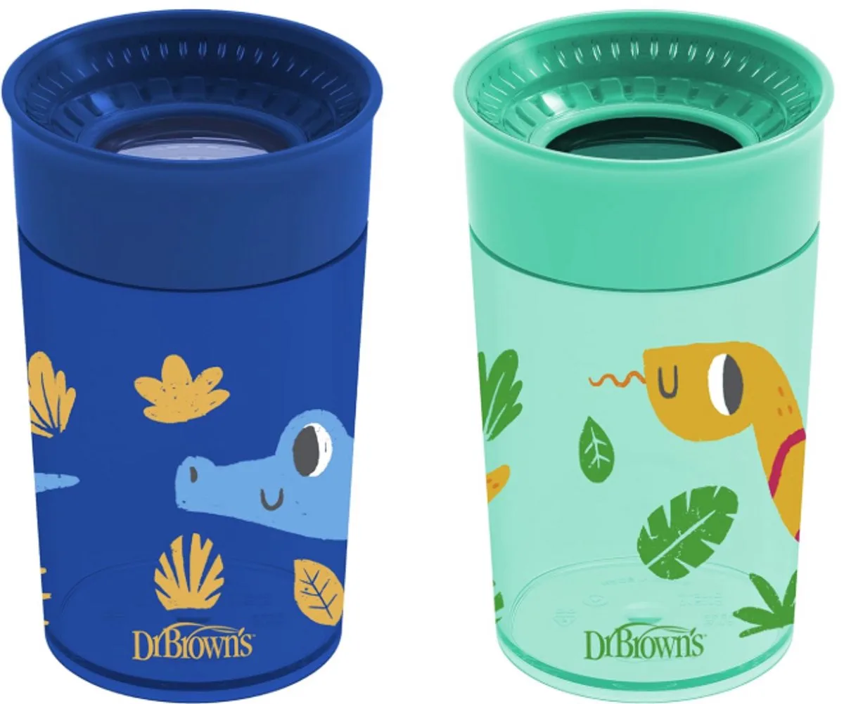 Milestones Cheers 360° Spoutless Drinkbeker 300 ml – Lekvrije Oefenbeker Zonder Tuit voor Baby & Peuter – Reisvriendelijk met Deksel – Blue/Green – 2 Stuks de Dr. Brown's en Bleu & Green – photo produit