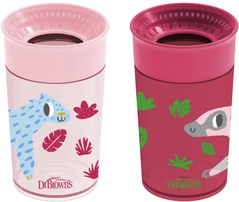 Milestones Cheers 360° Spoutless Drinkbeker 300 ml – Lekvrije Oefenbeker Zonder Tuit voor Baby & Peuter – Reisvriendelijk met Deksel – Pink Leopard & Red Lemur – 2 Stuks de Dr. Brown's en Pink & Red – photo produit