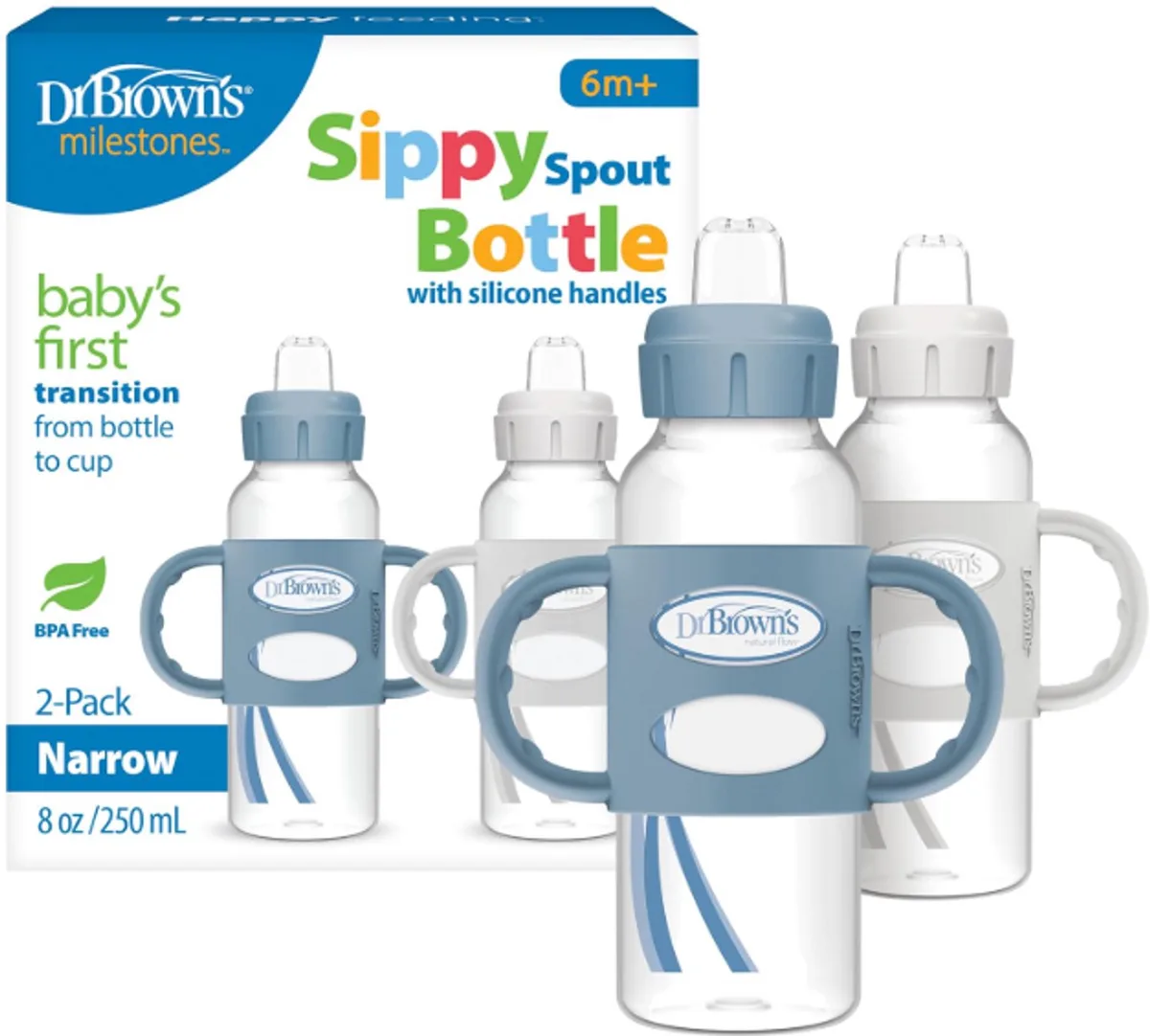 Milestones Drinkfles met Zachte Drinktuit – 2 x 250 ml – Blauw & Grijs – Siliconen Handvatten – BPA-vrij – Vanaf 6 Maanden van Dr. Brown's – productfoto