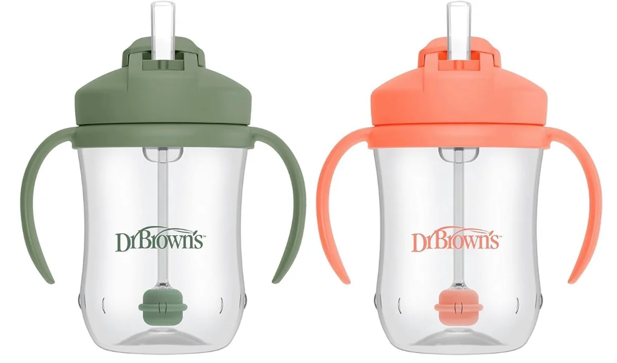 Milestones Geïsoleerde Rietjesbeker 270 ml (Koraal/Groen) – Lekvrije Drinkbeker met Handgrepen, Schuifdeksel & Zacht Siliconen Rietje – BPA-vrij von Dr. Brown's in Koraal – Produktfoto