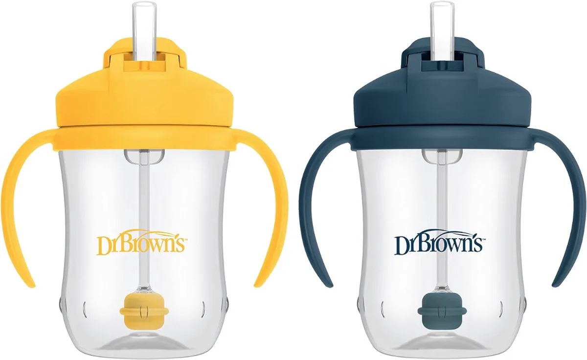 Milestones Geïsoleerde Rietjesbeker 300 ml (Blauwe/Geel) – Lekvrije Drinkbeker met Handgrepen, Schuifdeksel & Zacht Siliconen Rietje – BPA-vrij de Dr. Brown's en Blauwe – photo produit
