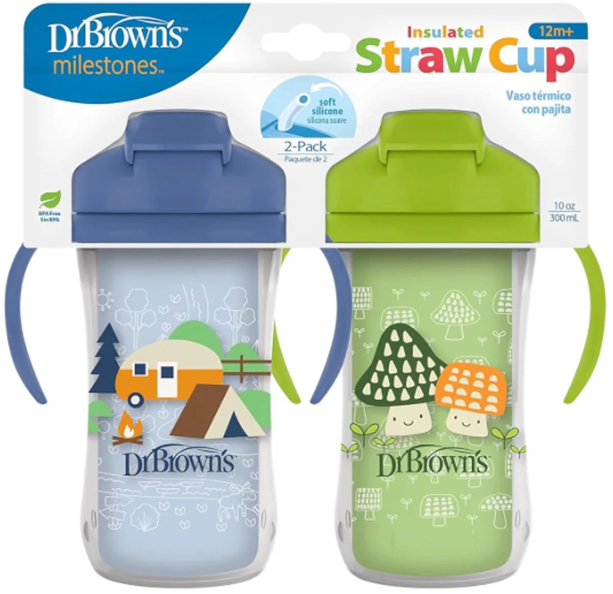Milestones Geïsoleerde Rietjesbeker 300 ml (Blauwe/Groen) – Lekvrije Drinkbeker met Handgrepen, Schuifdeksel & Zacht Siliconen Rietje – BPA-vrij – Vanaf 12 Maanden de Dr. Brown's en Vert – photo produit
