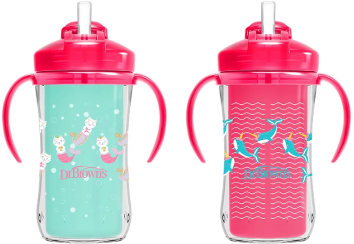 Milestones Geïsoleerde Rietjesbeker 300 ml – Lekvrije Drinkbeker met Handgrepen, Schuifdeksel & Zacht Siliconen Rietje – BPA-vrij – Vanaf 12 Maanden de Dr. Brown's en Rose – photo produit