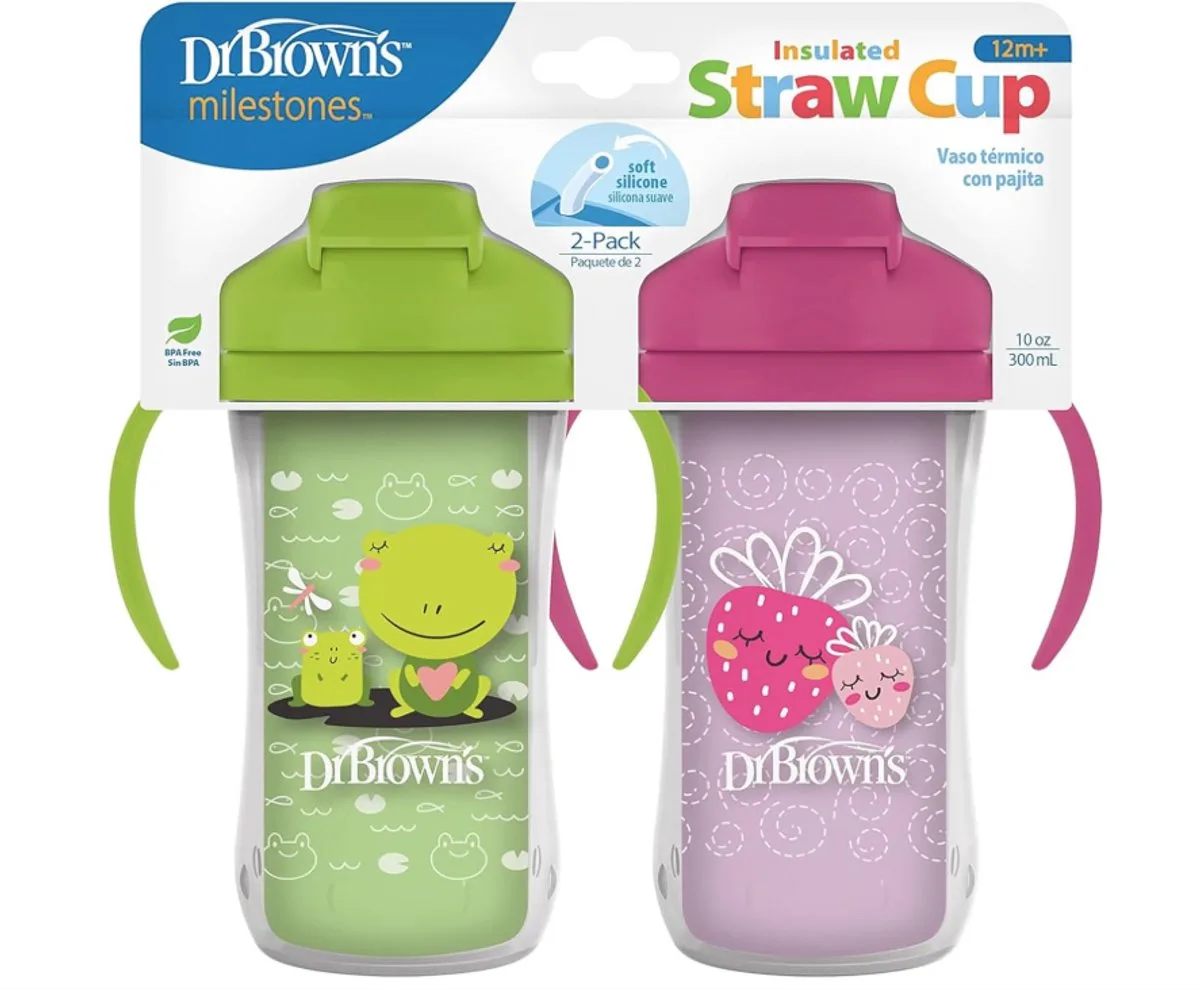 Milestones Geïsoleerde Rietjesbeker 300 ml – Lekvrije Drinkbeker met Handgrepen, Schuifdeksel & Zacht Siliconen Rietje – BPA-vrij – Vanaf 12 Maanden de Dr. Brown's en Rose, Vert – photo produit