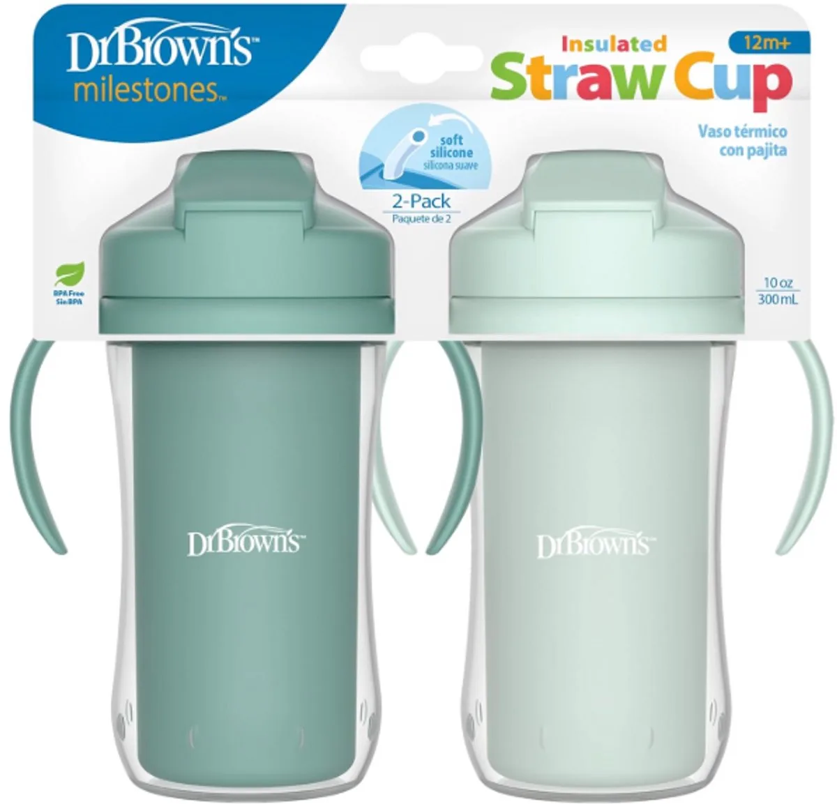 Milestones Geïsoleerde Rietjesbeker 300 ml – Lekvrije Drinkbeker met Handgrepen, Schuifdeksel & Zacht Siliconen Rietje – BPA-vrij – Vanaf 12 Maanden de Dr. Brown's en Vert – photo produit
