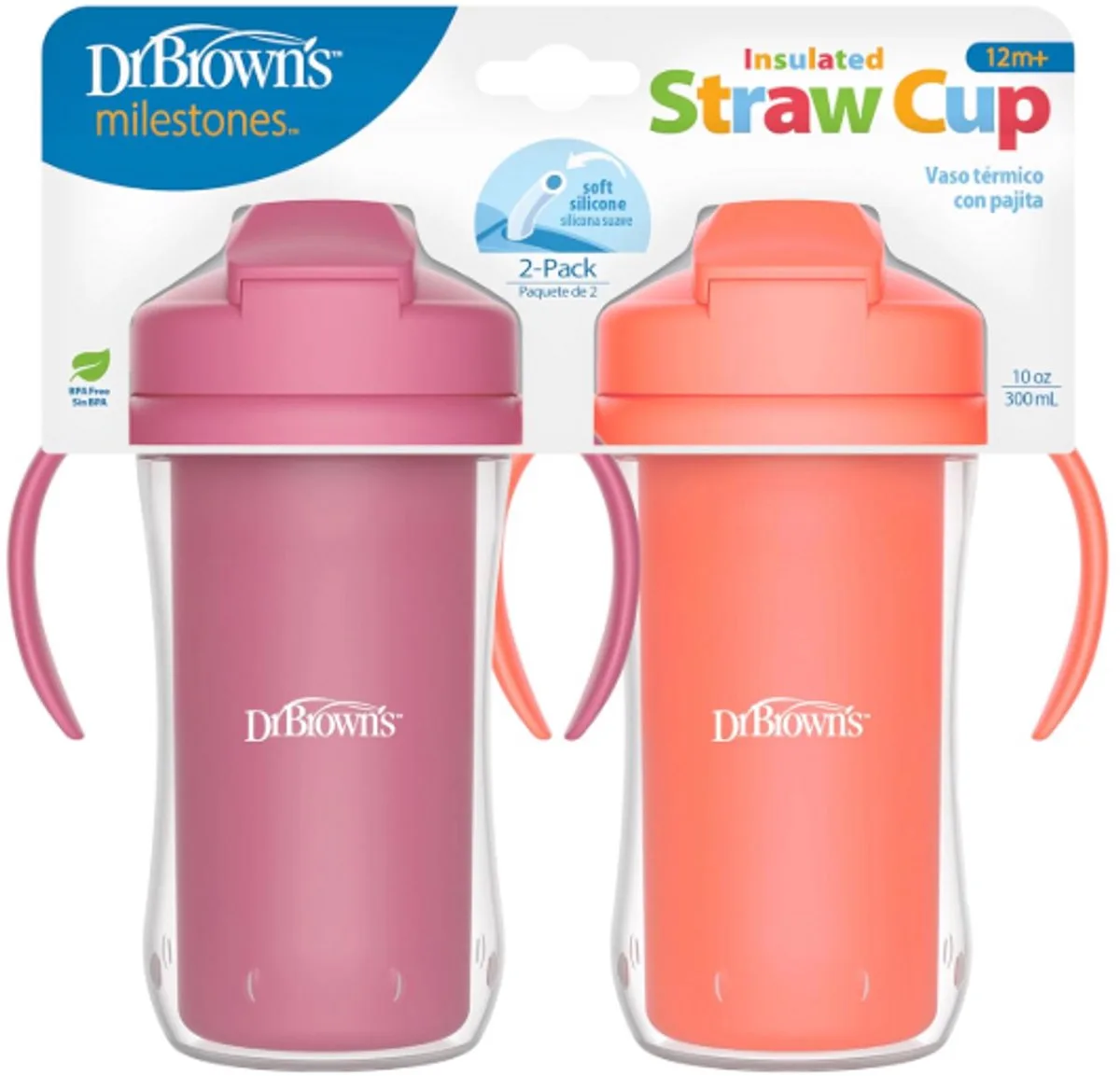 Milestones Geïsoleerde Rietjesbeker 300 ml Roze/Koraal – Lekvrije Drinkbeker met Handgrepen, Schuifdeksel & Zacht Siliconen Rietje – BPA-vrij – Vanaf 12 Maanden van Dr. Brown's in Koraal – productfoto