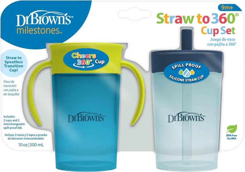 Milestones Rietjesbeker & 360° Oefenbeker Set 2 Stuks 300ml (Blauw/Groen) – BPA-vrij – Verwisselbare Deksel met Siliconen Rietje – Vanaf 9 Maanden van Dr. Brown's in Blauwe, Groen – productfoto