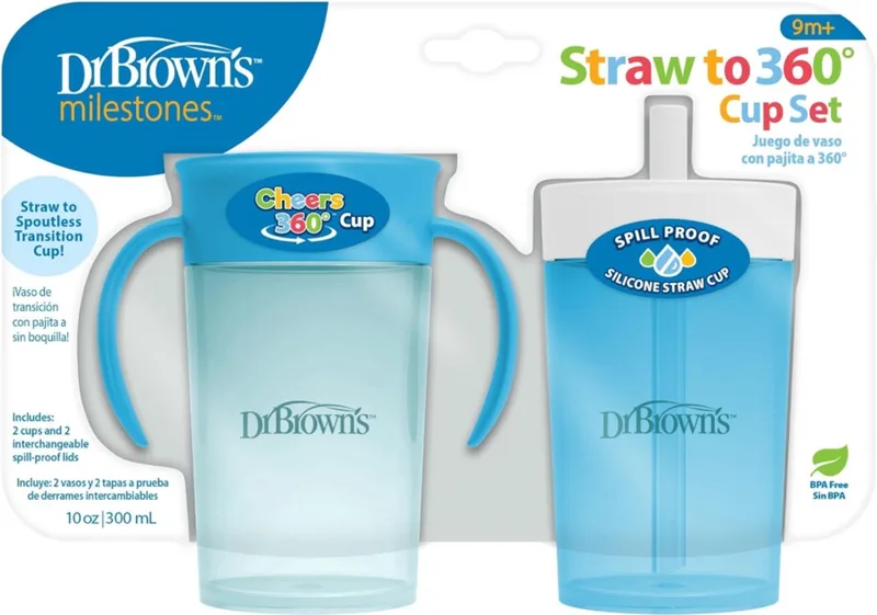 Milestones Rietjesbeker & 360° Oefenbeker Set 2 Stuks 300ml (Blauw/Wit) – BPA-vrij – Verwisselbare Deksel met Siliconen Rietje – Vanaf 9 Maanden van Dr. Brown's in Wit – productfoto