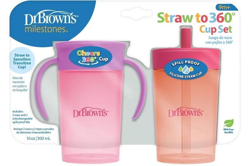 Milestones Rietjesbeker & 360° Oefenbeker Set 2 Stuks 300ml – BPA-vrij – Verwisselbare Deksel met Siliconen Rietje – Vanaf 9 Maanden van Dr. Brown's in Coral – productfoto