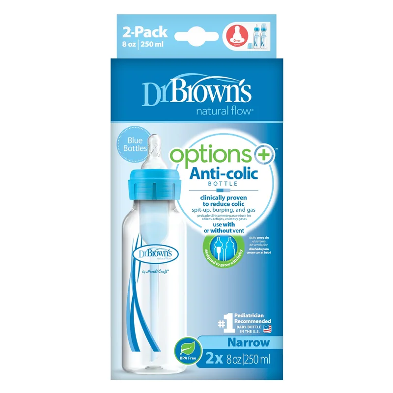 Options+ Anti-Colic Babyfles - Smalle halsfles - 250ml - 2 stuks von Dr. Brown's in Blau – Produktfoto 2 von 2
