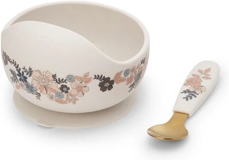 eetservies - Kom + lepel - Baby eetservies set - Baby Siliconen kommetje + lepel - Blue Garden Lt Placement van Elodie Details in Beige met bloemen – productfoto
